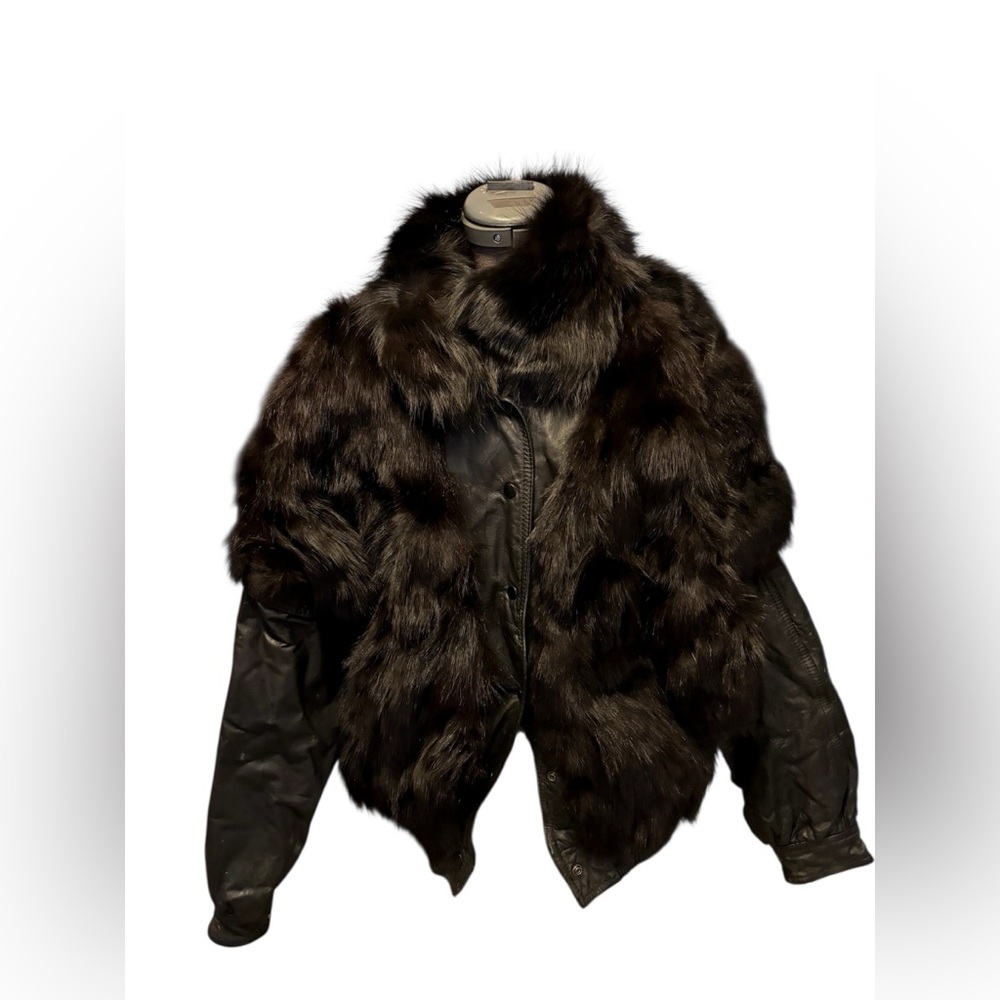 VTG 70s 80s Oversized Convertable Fox Fur Vest Leather Jacket Sz L
